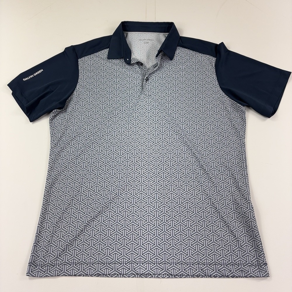 Galvin Green Polo Shirt Mens XL Blue Geometric Golf Stretch Jersey Short Sleeve